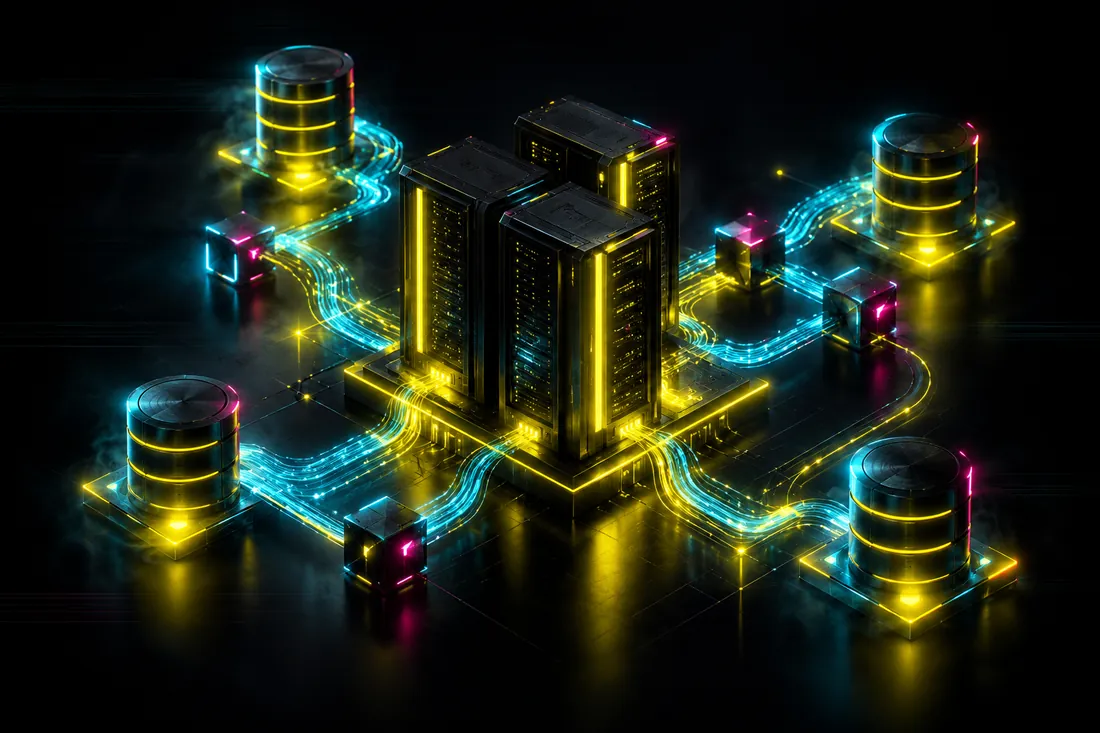 Servidores y bases de datos conectados por flujos de datos de neón